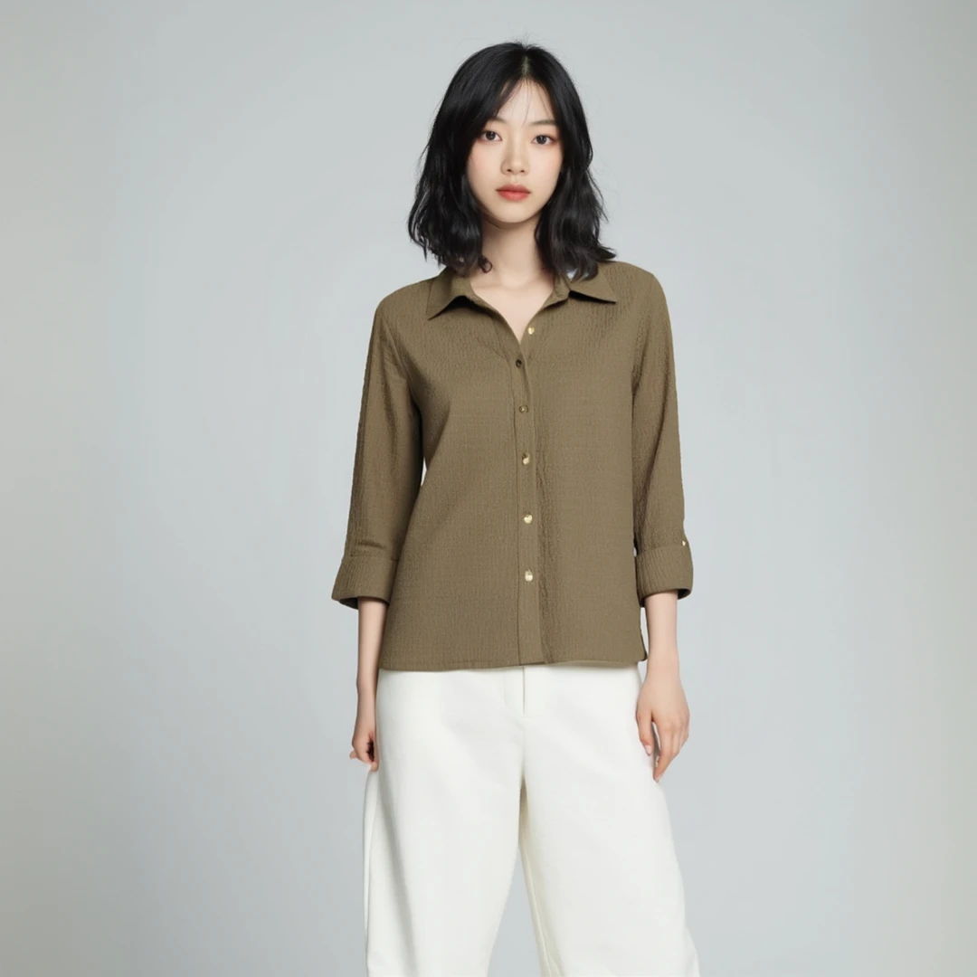 ANNEKLEIN春夏狮子头泡泡纱提花中袖翻领衬衫