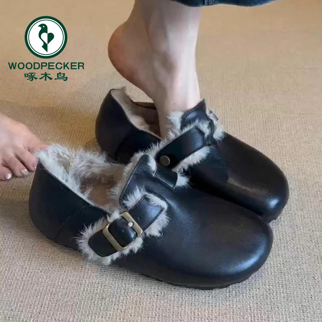 啄木鸟复古羊羔毛一体擦色勃肯鞋女小皮鞋防滑外穿舒适加绒毛毛鞋