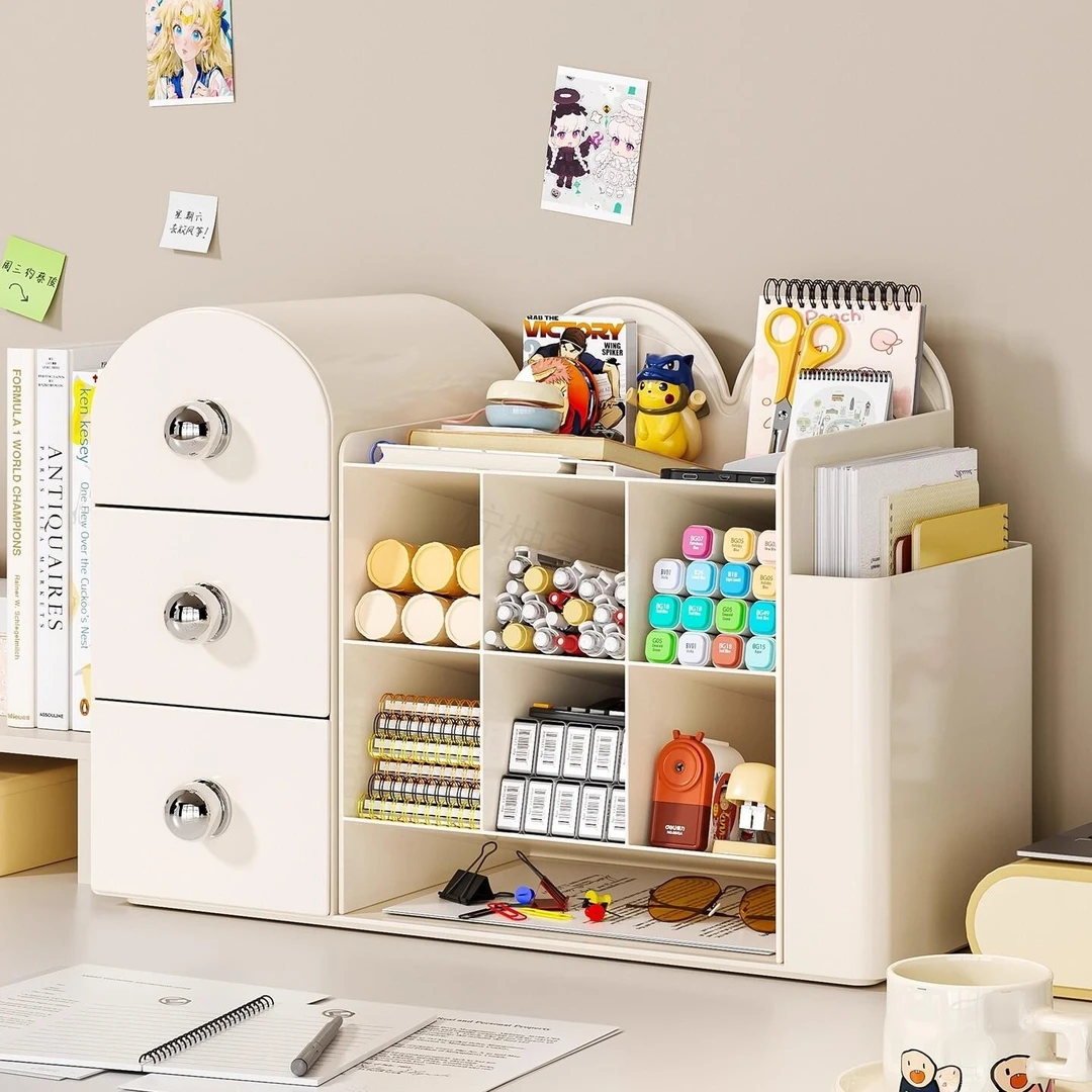 桌面收纳盒抽屉式办公室大容量斜插式笔筒书立多功能文具整理盒子