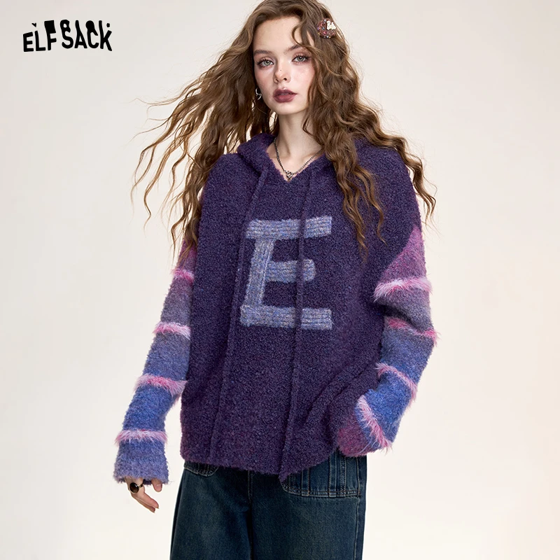 妖精的口袋慵懒风字母连帽毛衣女2024冬季新款设计感软糯宽松上衣