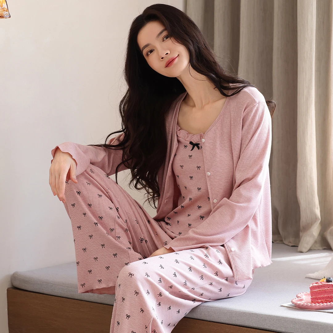 睡衣女带胸垫女生吊带秋季2025高级粉三件套家居服