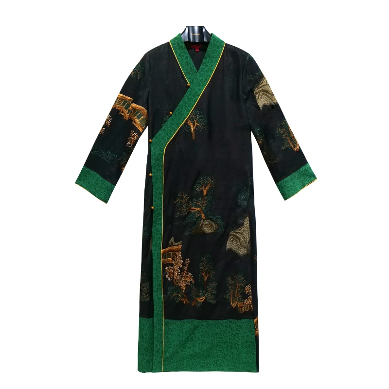 娑尔亭台楼阁刺绣绿边右侧开襟汉服款连衣裙SH3WB02559