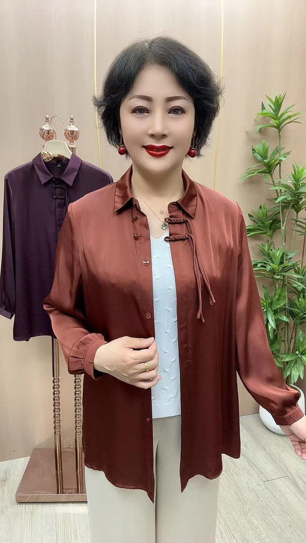 Z#24112长袖开衫 衣长72 中老年女装 夏季纯色盘扣翻领衬衫妈妈衫