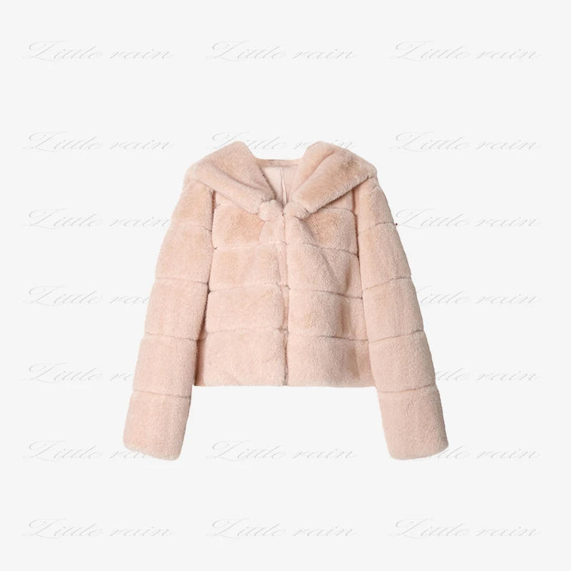 小雨姐姐【济州岛主】休闲时尚双色毛尖染连帽毛毛外套女冬季新款