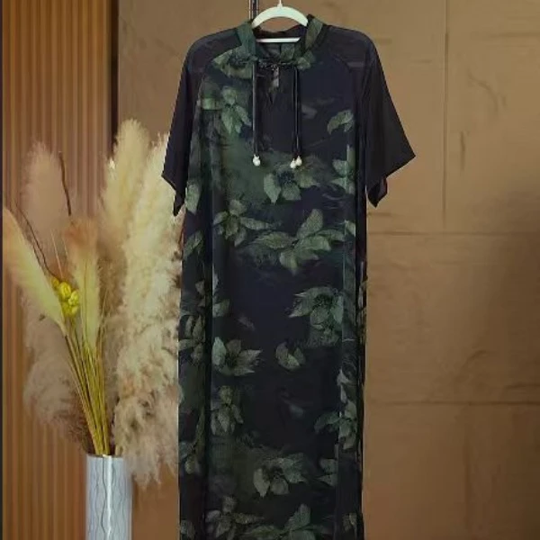 Z112 绿花旗袍裙连衣裙古典优雅套装遮肉显瘦连衣裙中国风大码