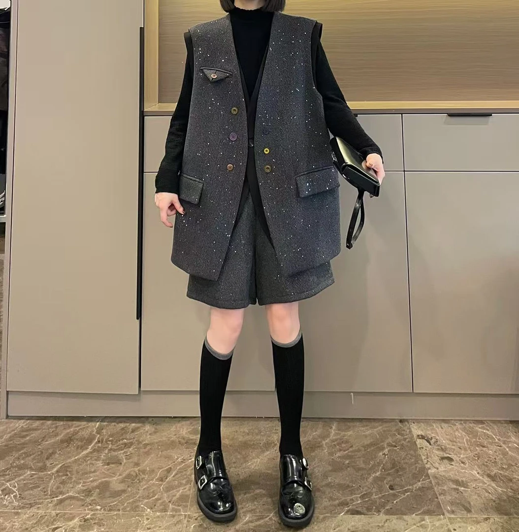 米可/MK-2834LJ【假两件呢子马甲+中裤套装】时尚秋季新款两件套