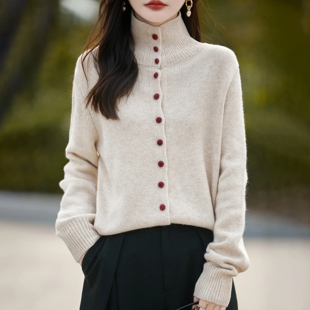 秋冬羊毛衫女士开衫纯色多扣外套洋气宽松外搭毛衣宽松高领针织衫