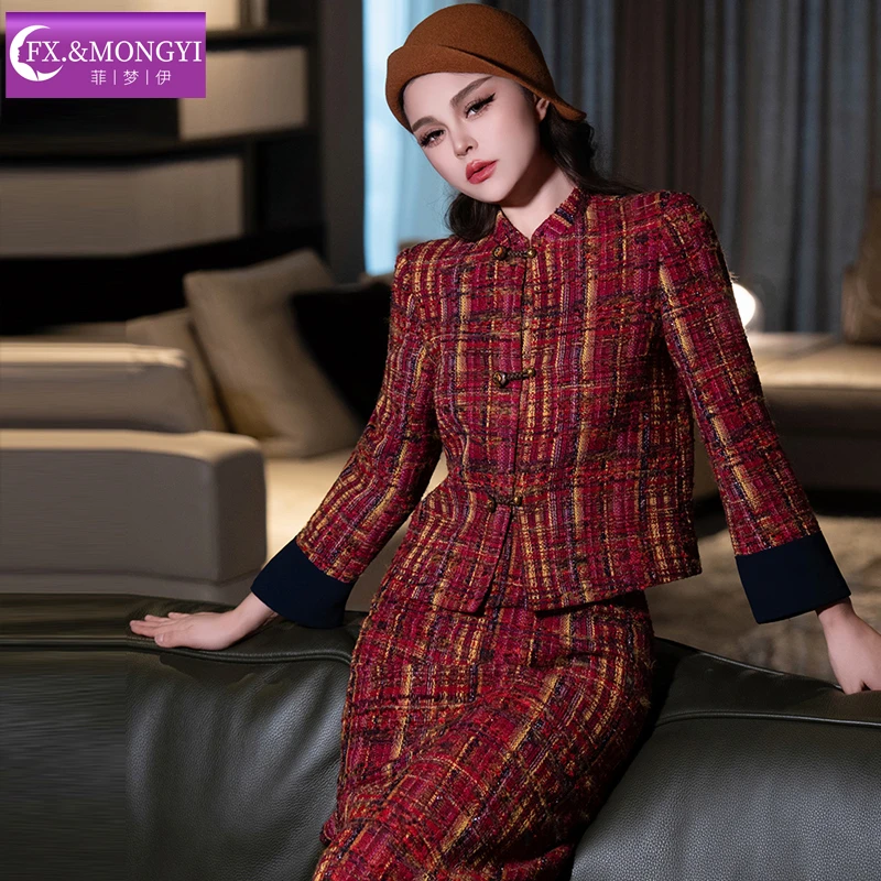 菲梦伊红色格子小香风套装秋季国风名媛粗花呢外套包臀半裙67181