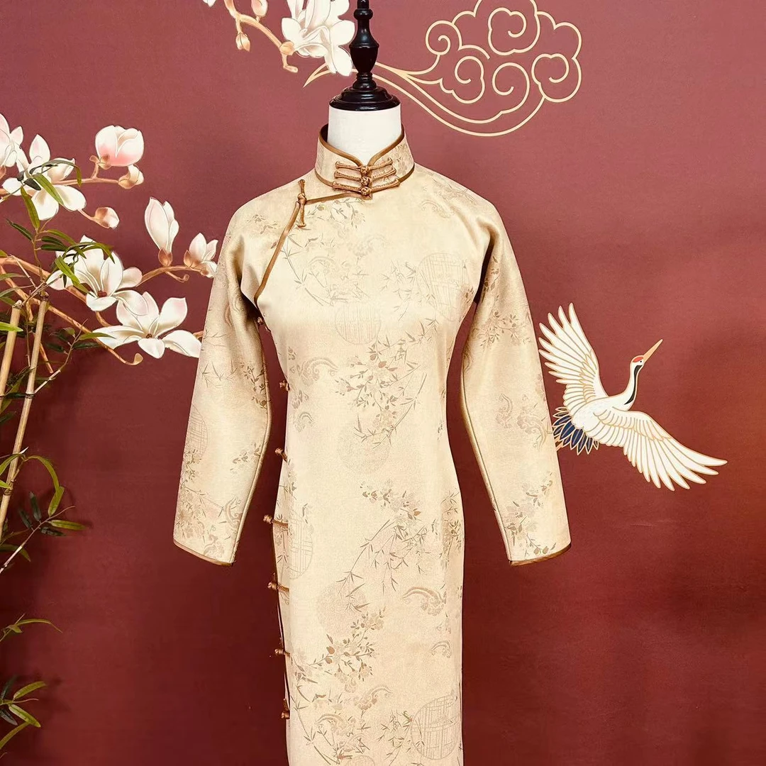 千寻丨民国风复古时尚气质秋冬季旗袍年轻款麂皮绒一片式旗袍黄色