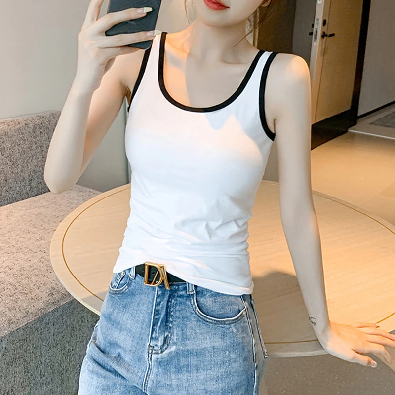 欧洲站2025夏季新款修身撞色纯棉白色吊带背心女内搭小众甜辣上衣