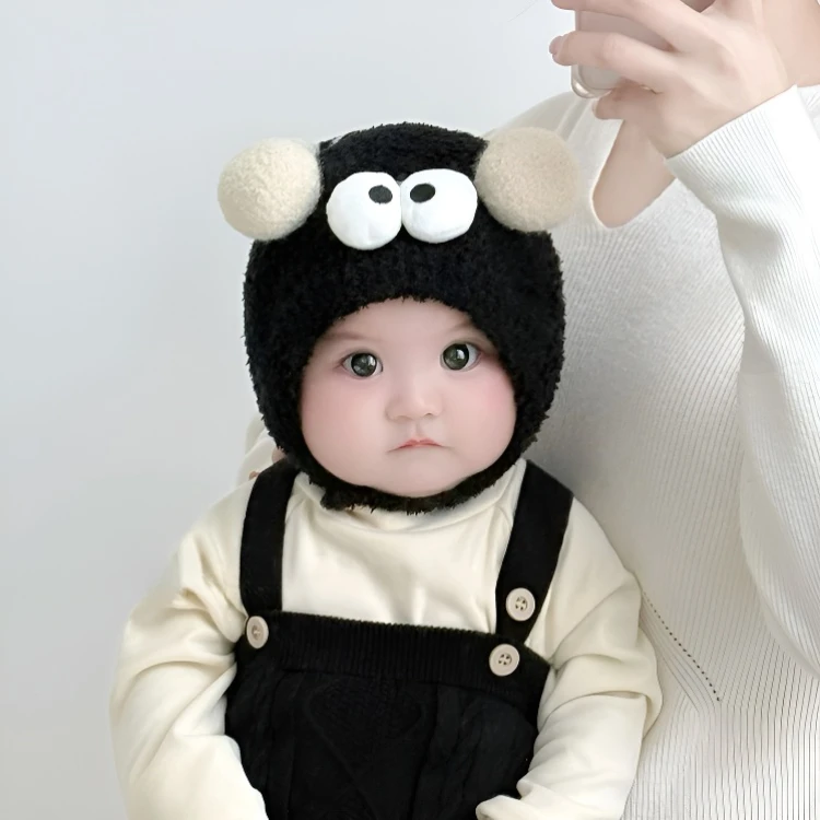婴儿帽子秋冬季搞怪眼睛男女儿童护耳帽加厚毛绒宝宝包头帽保暖qt