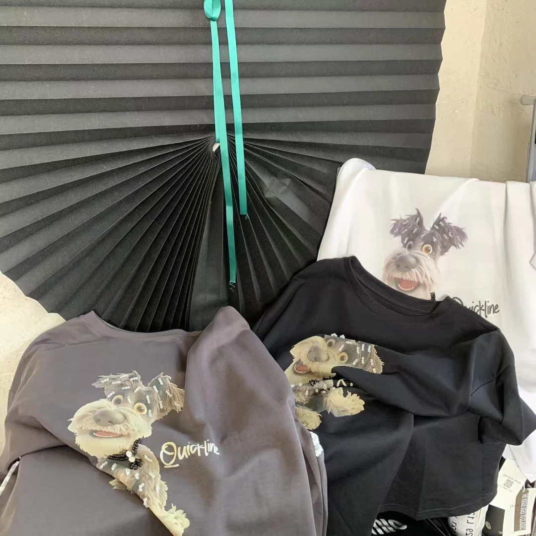 『雨美 Show』9241休闲百搭小狗重工T短袖