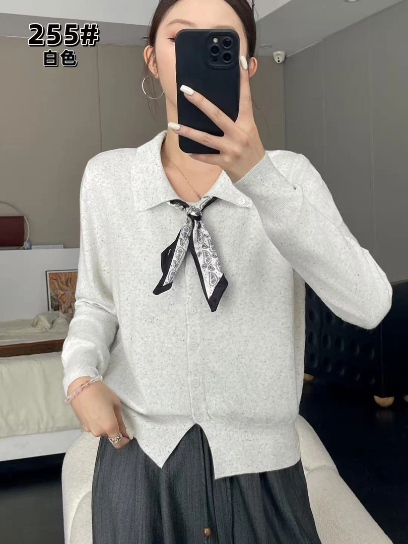 白色毛衣中老年女装时尚风翻领绑带女装中国风针织衫255
