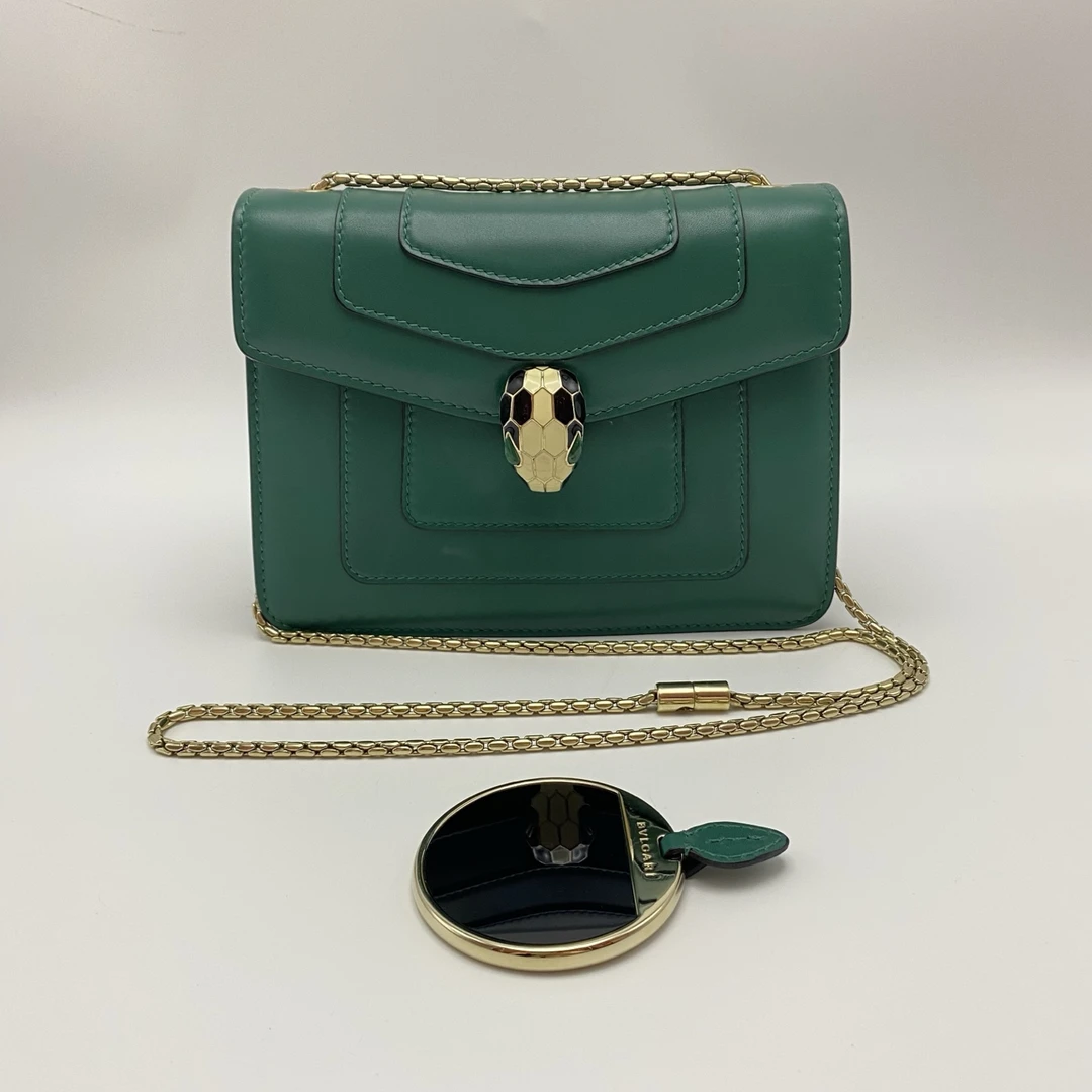 95新 BVLGARI/宝格丽 绿色银扣蛇头链条单肩斜挎包 92195