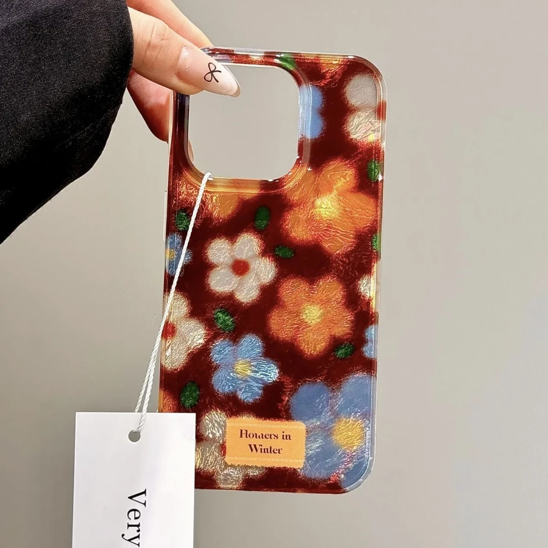 大孔漩涡光油棕红色花苹果16网红手机壳15promax高级14/13/12/11