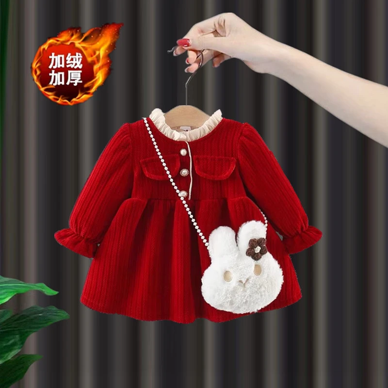 喜庆新款连衣裙冬款周岁礼服红色加绒拜年公主裙女童过年女宝宝服