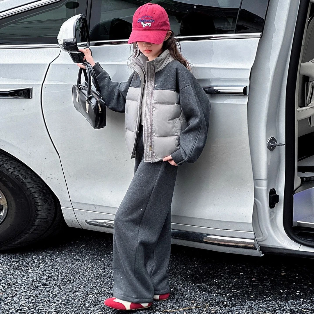 女童冬装套装2025新款儿童超好看中大童加厚棉服加绒阔腿裤两件套