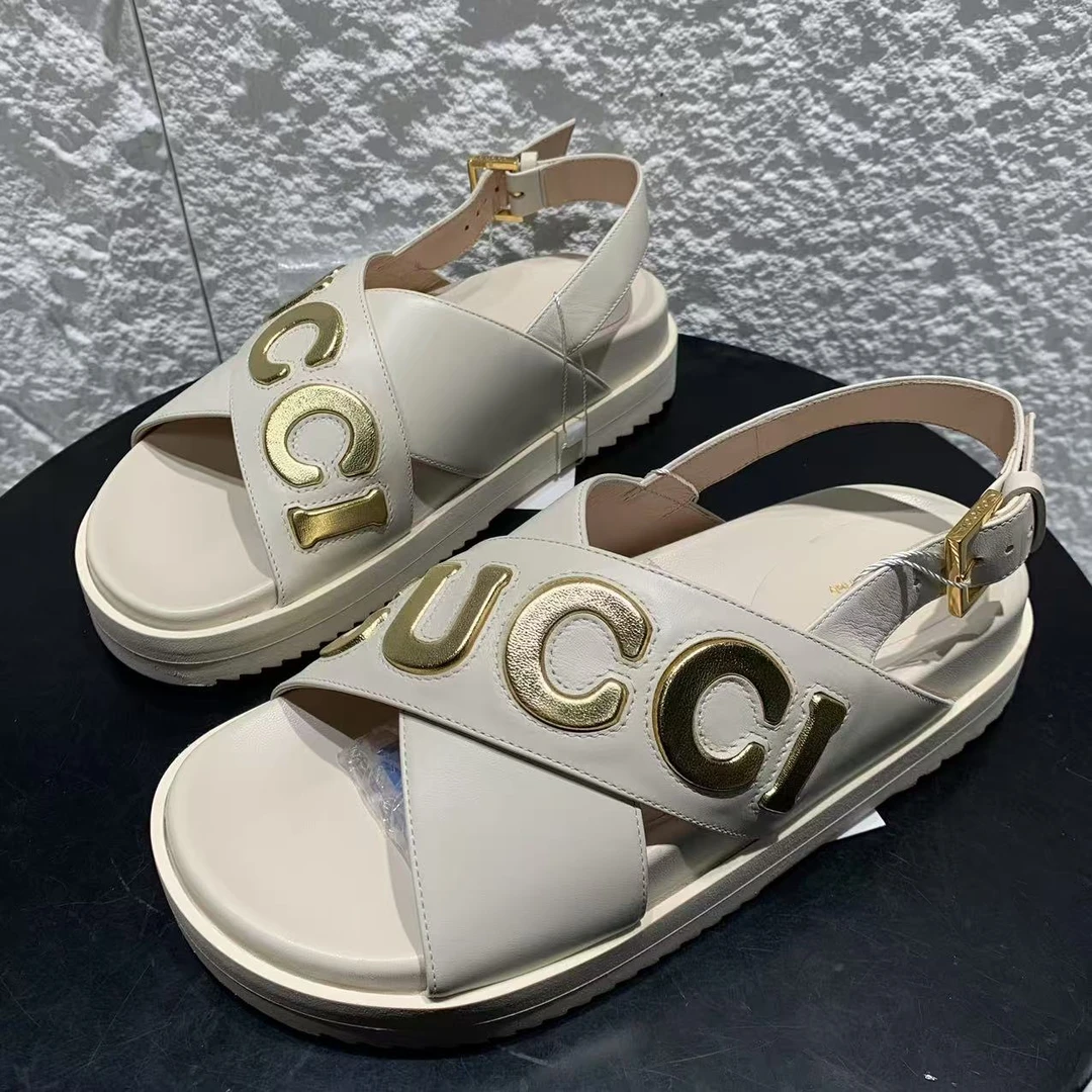 99新 GUCCI/古驰 36码/仔仔/白色金标交叉绑带平底沙滩凉鞋 1865
