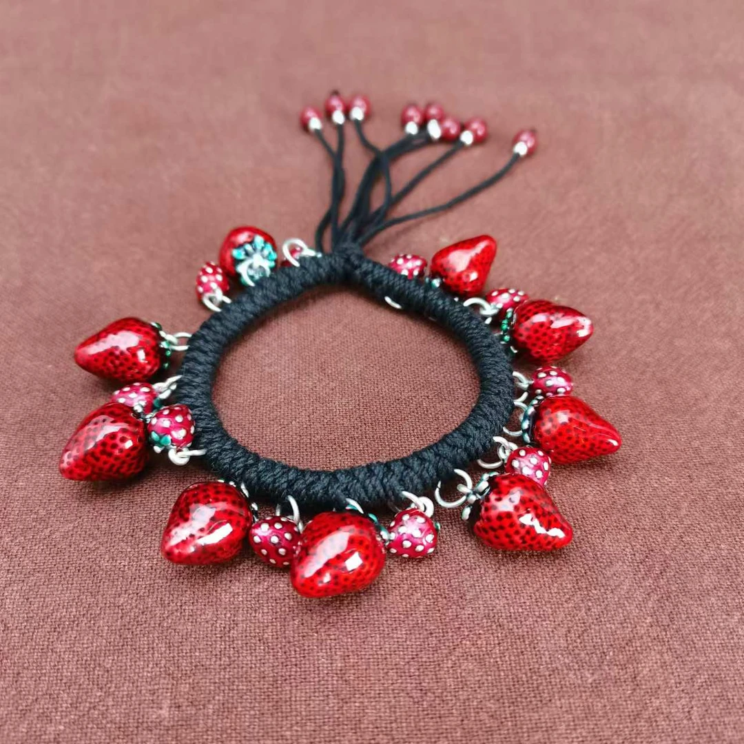 925银手链 925银硕果累累草莓手链女民族风手工编织过年手绳