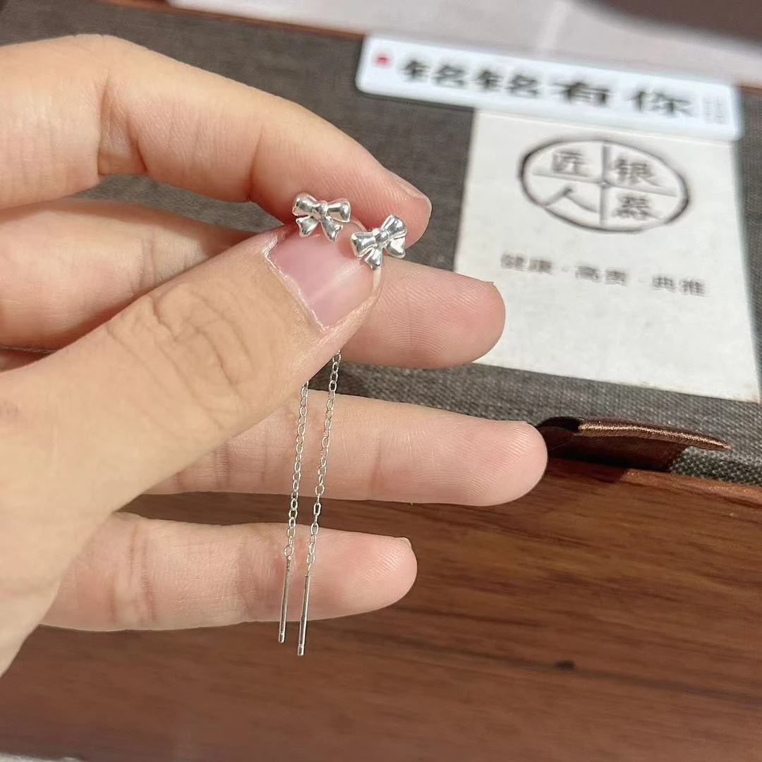 铭铭有你 足银耳饰 蝴蝶结直棒耳线 粉丝专享 长度6cm