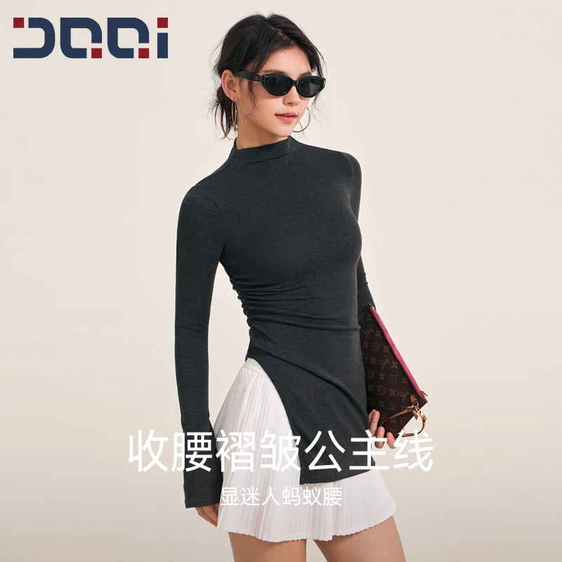 的确奇【秋上新】半高领侧开叉长款T恤遮臀显瘦瑜伽服健身衣2166
