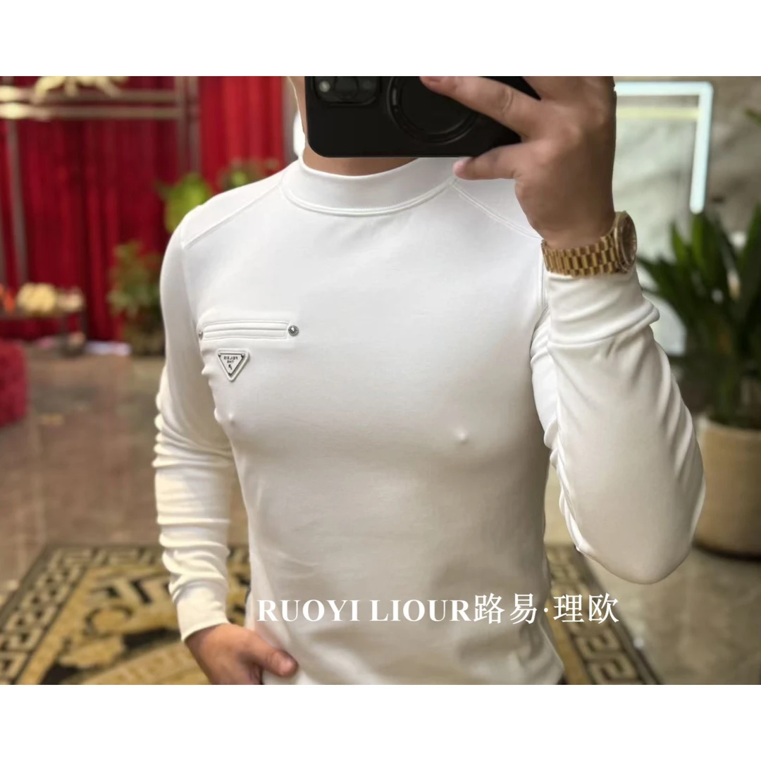【路易理欧】欧货时尚半高领搭配三角标元素胸标男士长袖T恤0661