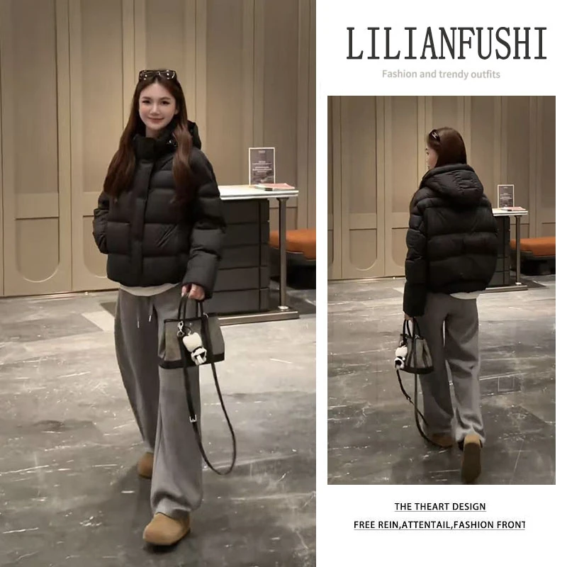 今年流行漂亮套装2025新款长袖连帽棉服外套显瘦阔腿休闲裤两件套