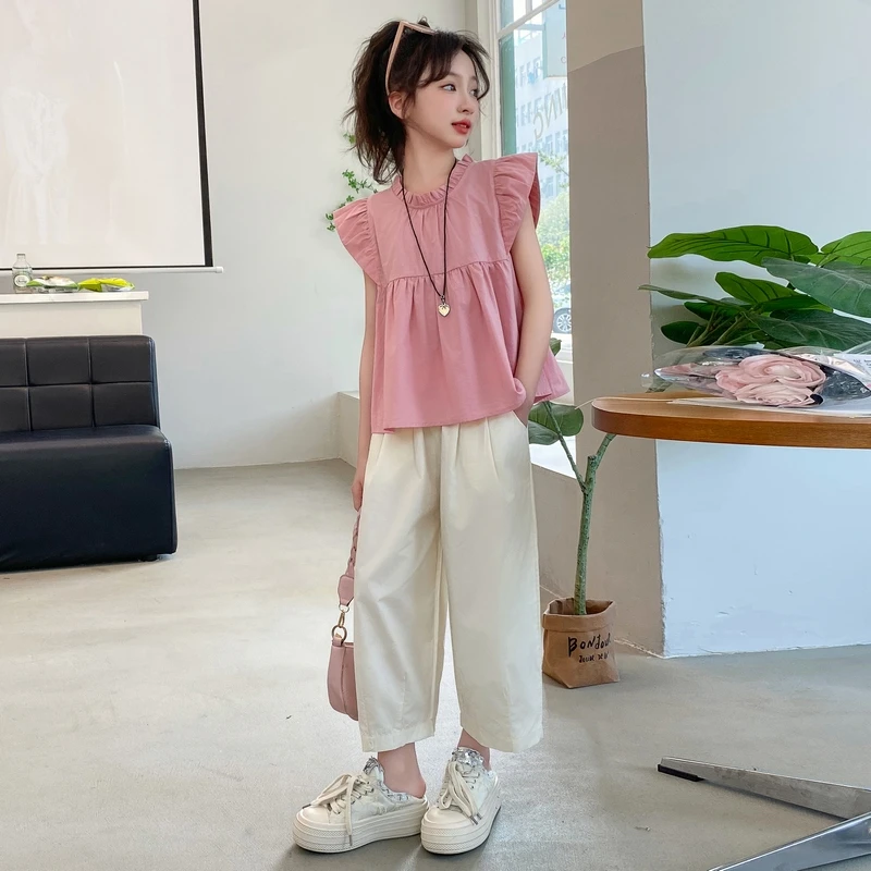 女童夏季套装2025新款儿童洋气夏装大童飞袖背心休闲九分裤两件套