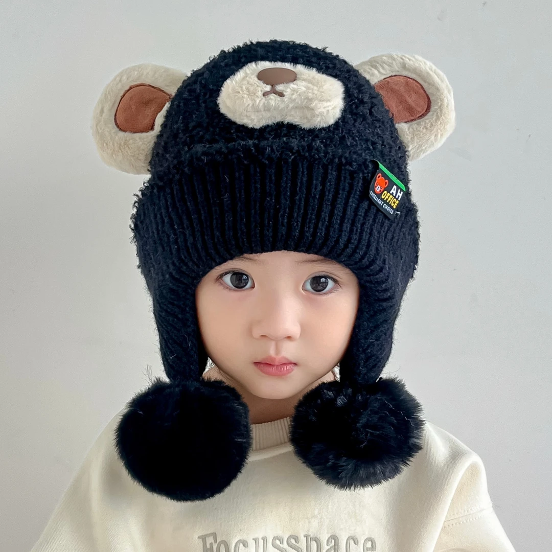 儿童帽子冬季男童毛线帽加厚保暖防寒帽女童宝宝可爱小熊护耳帽潮
