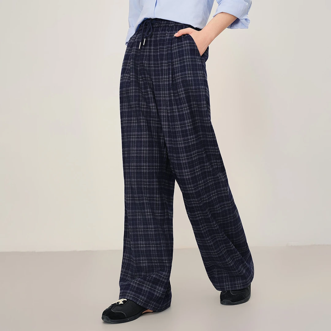 【蓝格纹裤】茵曼25冬季时尚格纹抽绳阔腿裤百搭宽松保暖长裤子
