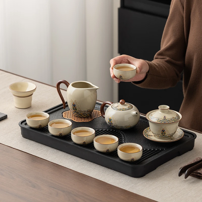 汝窑开片功夫茶具套装喝茶中式家用泡茶陶瓷盖碗茶壶茶杯子套装