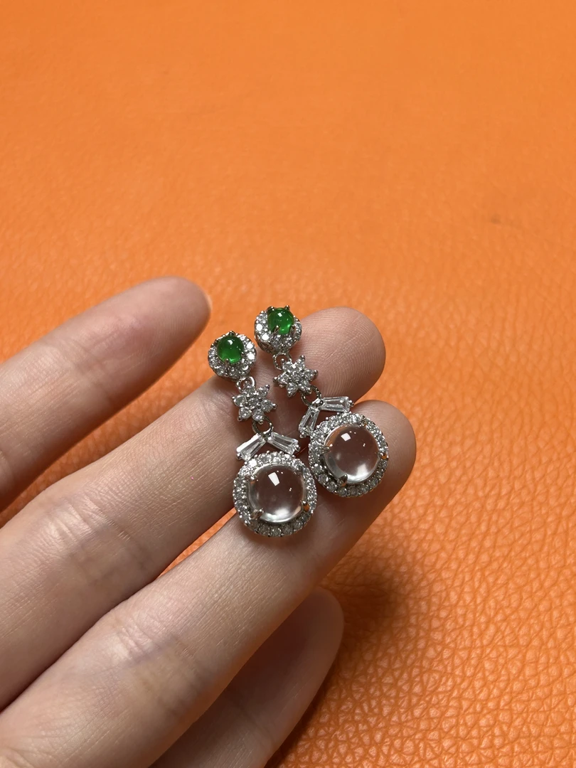 天然俄料石英质玉白冰蛋面银镶女士百搭款简约时尚耳钉