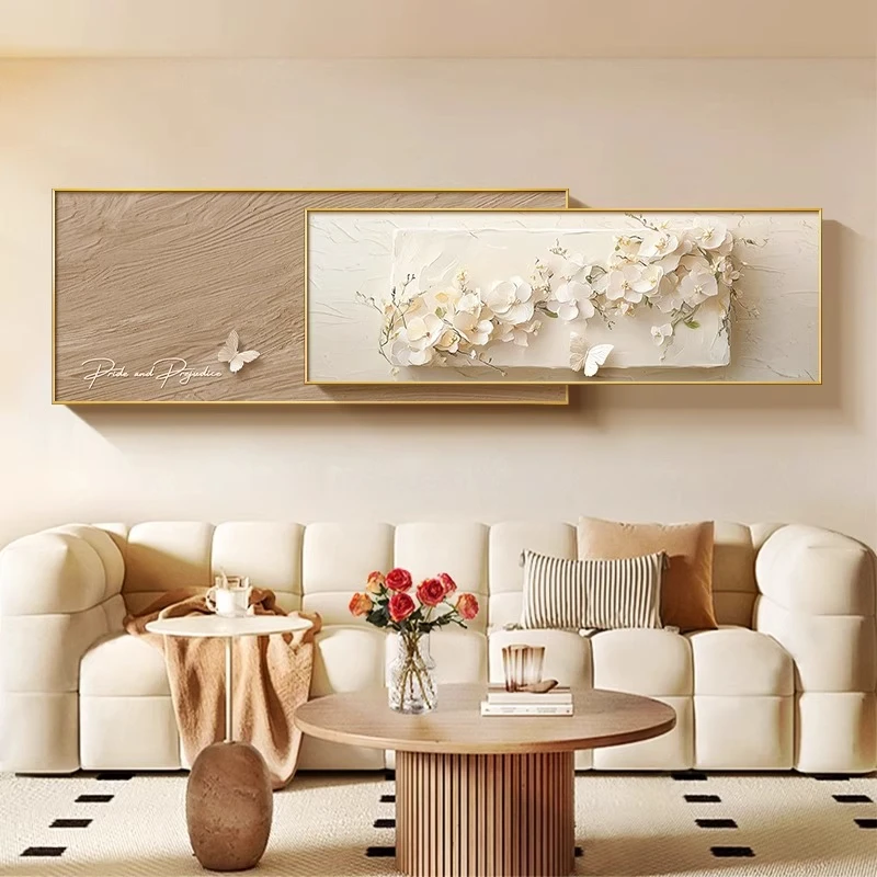 法式奶油风客厅装饰画花卉沙发背景墙挂画高级感立体感叠加画壁画