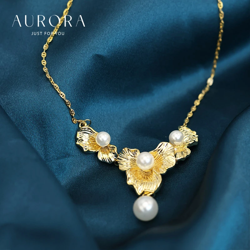 铜合金项链 奥罗拉原创设计繁花珍珠镀18k金项链毛衣链项圈颈链