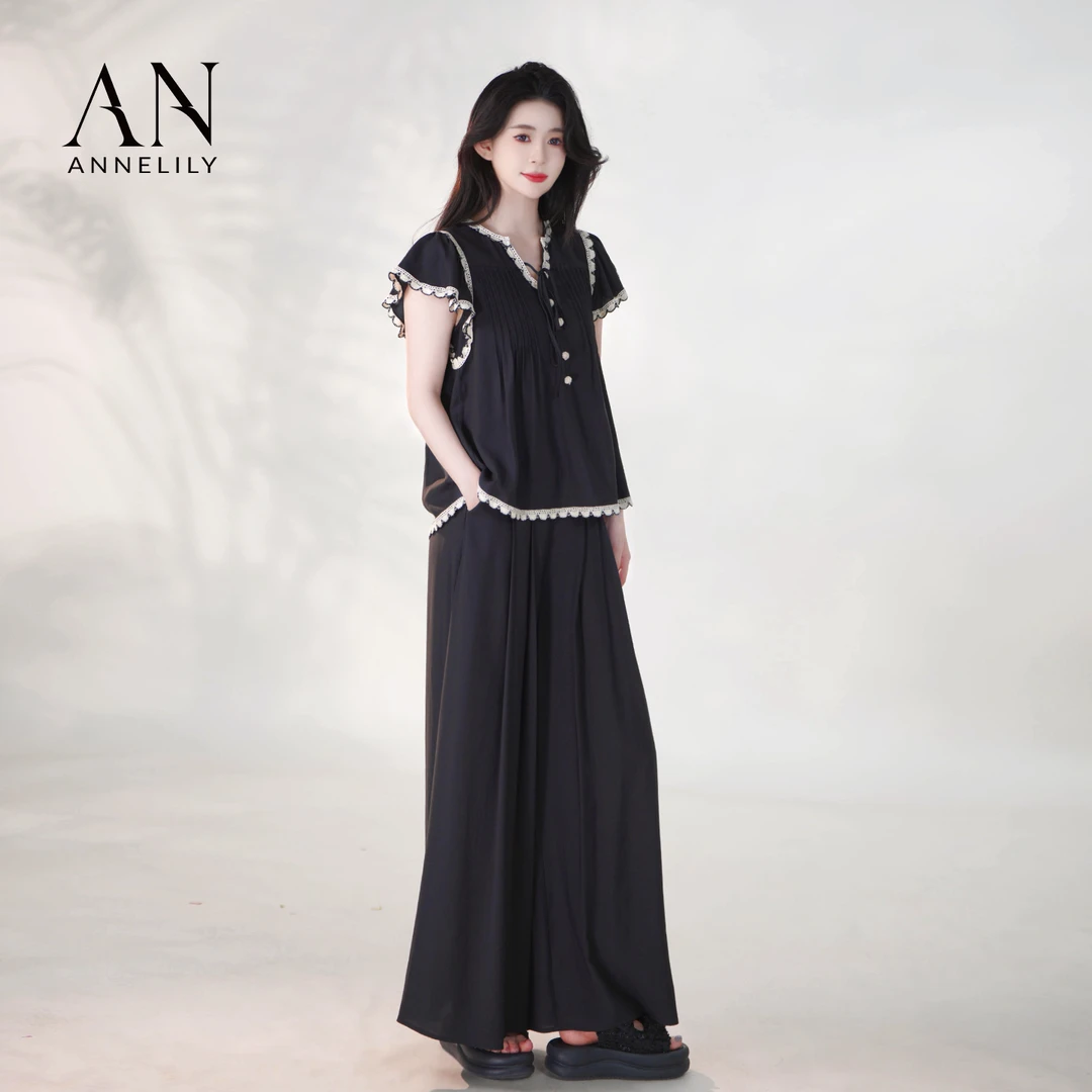 ANNELILY安甜甜【夜华】夏季高级感时尚百搭轻奢长裤套装AT2506050
