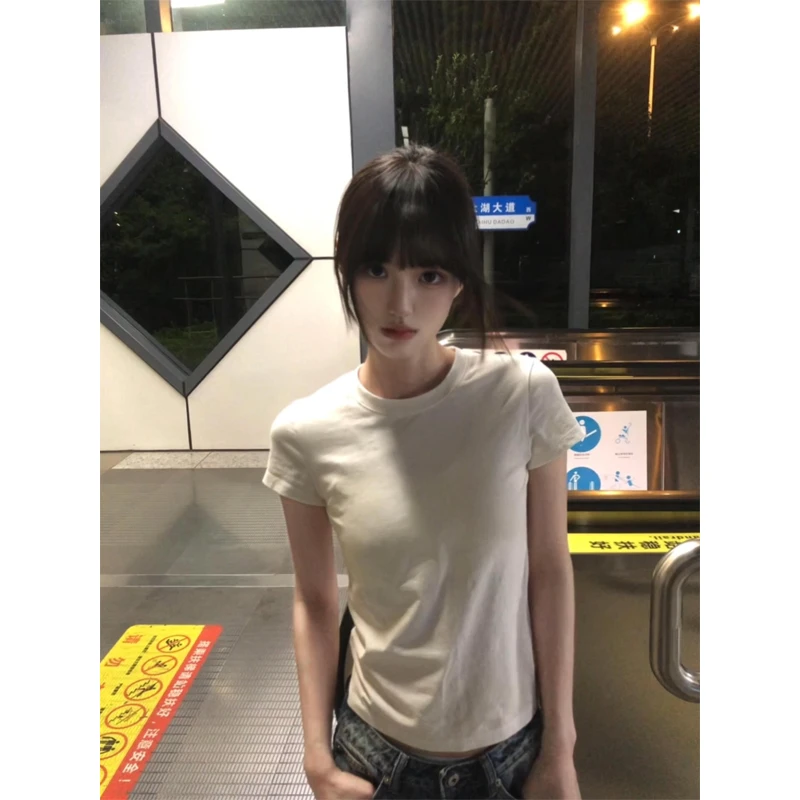 美式辣妹正肩短袖t恤短款打底上衣直筒牛仔裤女拖地裤子潮ins高街