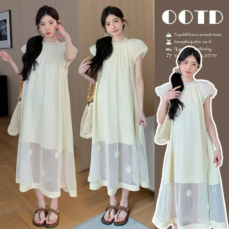 时髦孕妇装2025新款高级感慵懒风网纱拼锻面泡泡袖长款夏季连衣裙