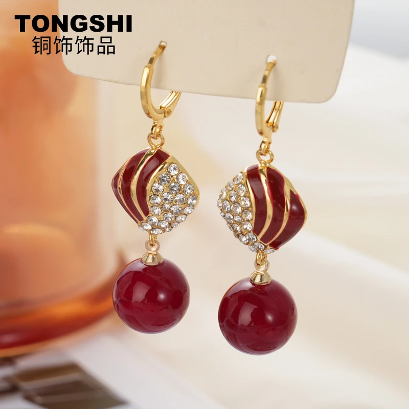 铜合金合成锆石耳饰 日韩气质红色朋克风女红色耳环百搭长款轻奢