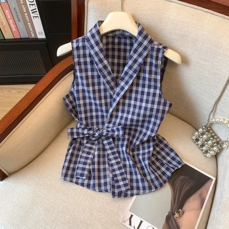 法式V领蝴蝶结绑带蓝色格子衬衫背心女夏季辣妹外穿修身无袖上衣