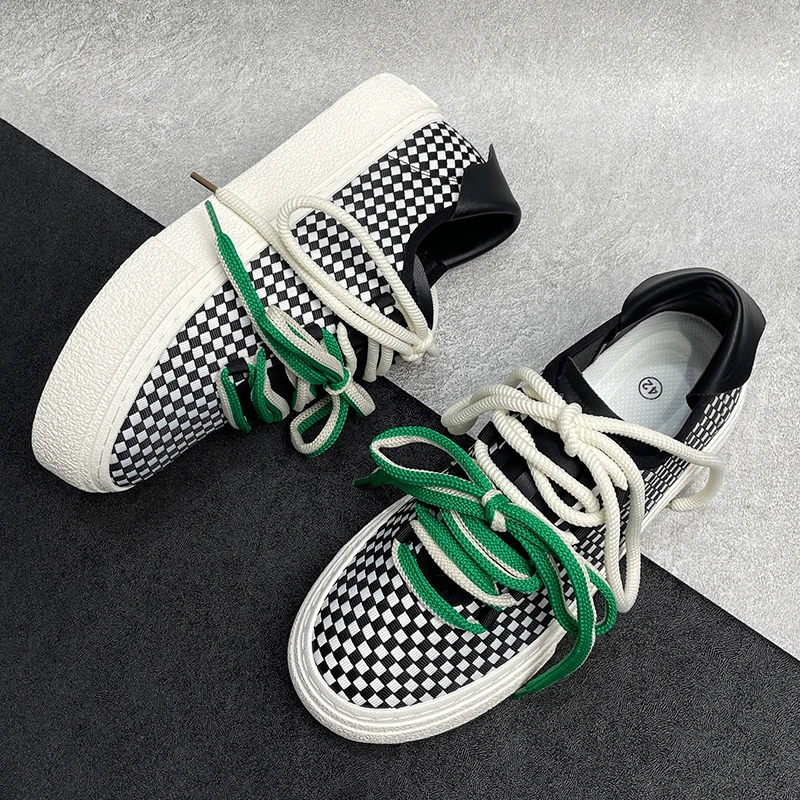 夏季爆款黑白格子男鞋子潮鞋厚底百塔休闲小众编织透气学生板鞋男