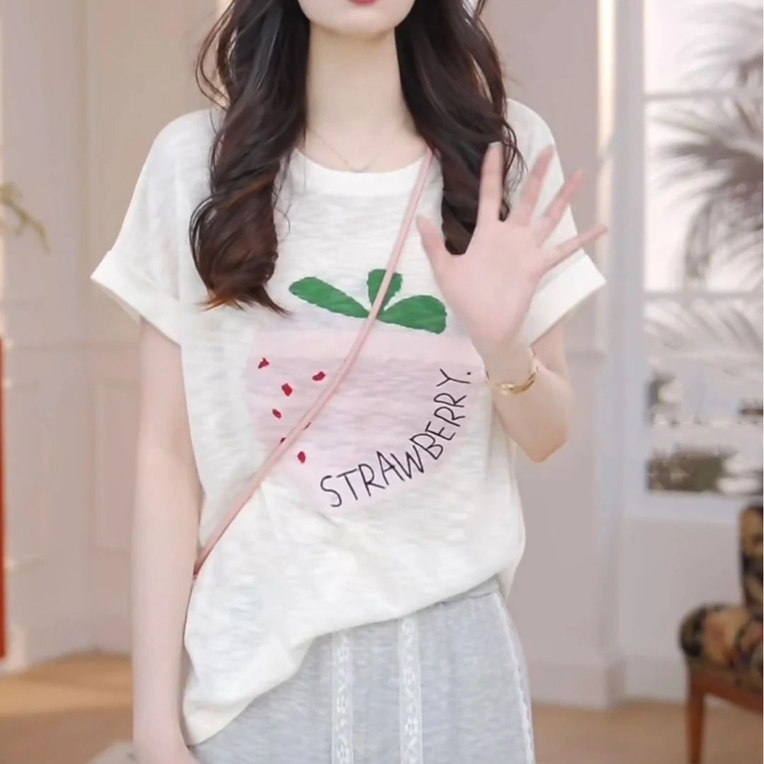 2025夏季新款小众设计感短袖卡通印花薄款针织衫韩版休闲百搭上衣