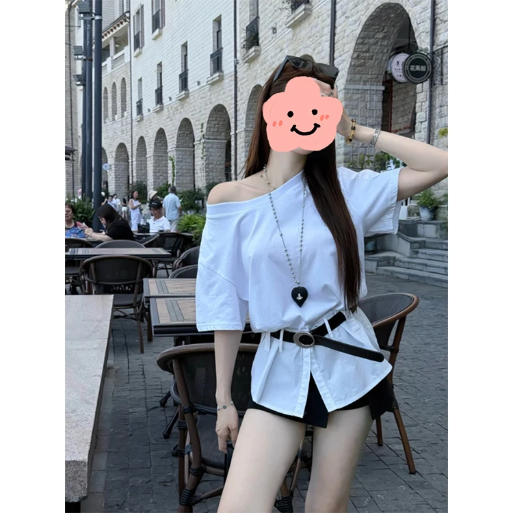 韩系气质纯欲风斜肩短袖T恤女2025夏季别致独特露肩+裙裤两件套装