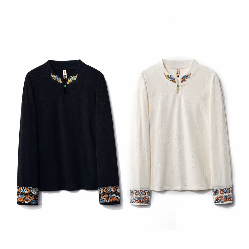 【瑾茉】2025新款打底上衣小衫女新中式重工刺绣宽松显瘦长袖T恤衫