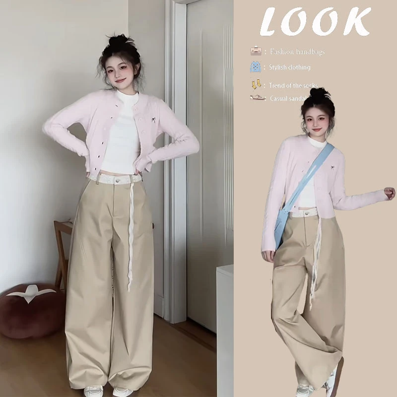韩系穿搭2025春季新款时尚温柔风针织开衫修身短袖阔腿裤三件套