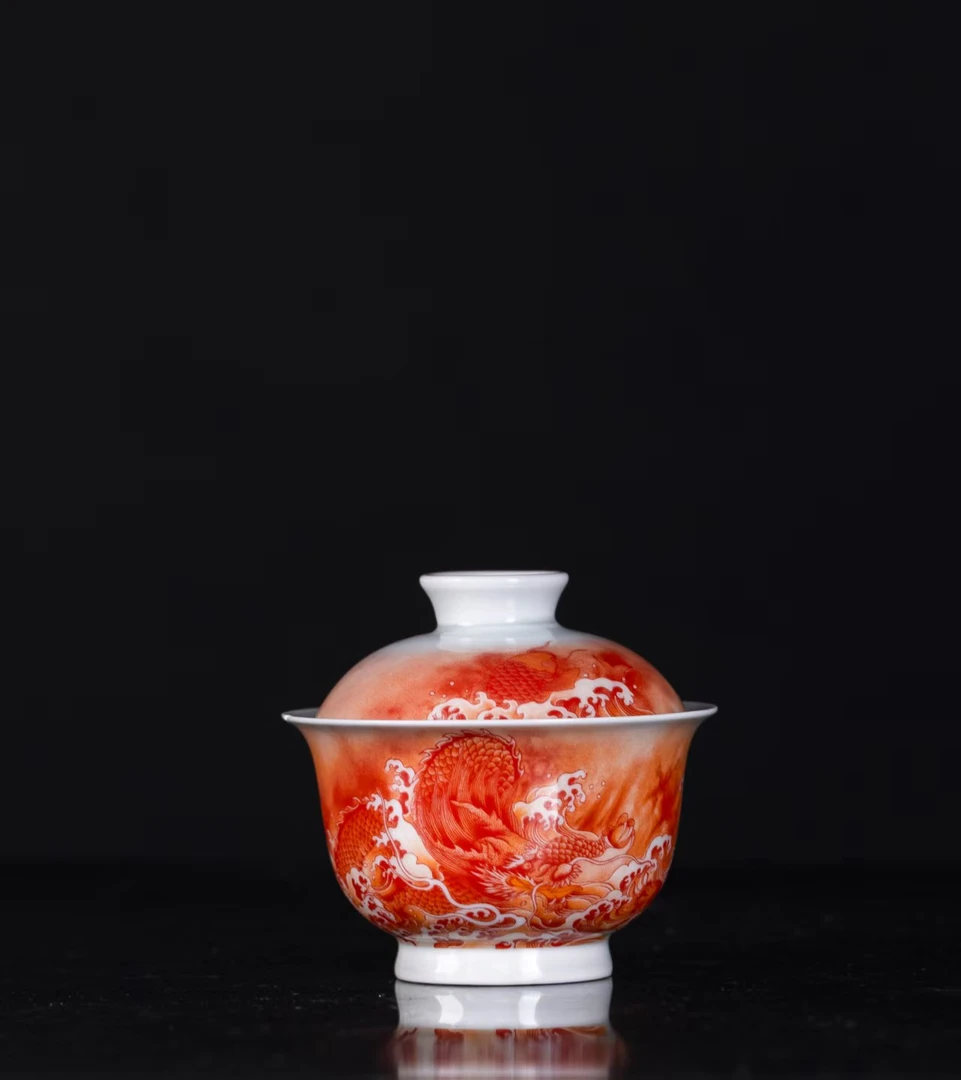 景德镇仿古矾红鱼化龙元宝二才盖碗陶瓷手工功夫茶杯套装茶碗茶具