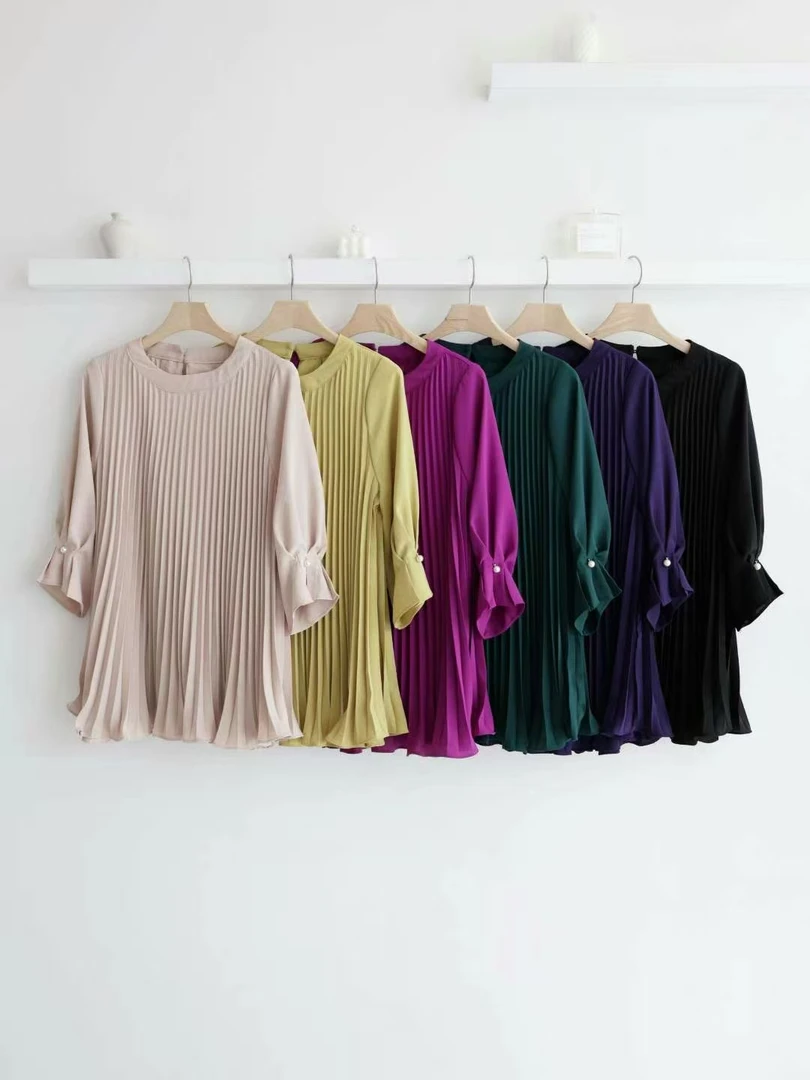 【韩国设计师衣吧】夏季时尚百褶显瘦宽松中长款7分袖衬衫