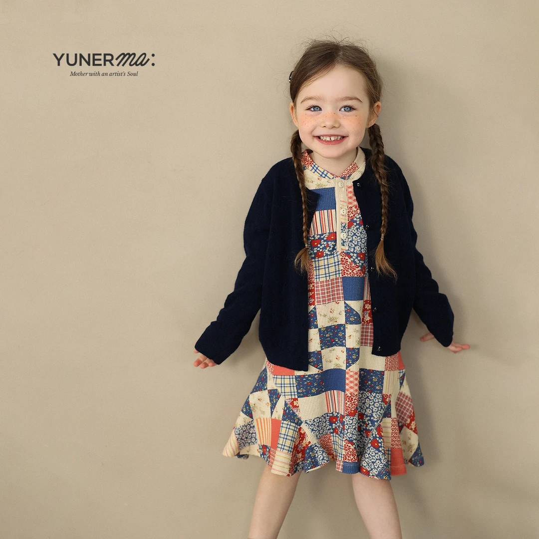 女童春季新款碎花撞色连衣裙允儿妈春秋复古洋气公主裙儿童裙子潮