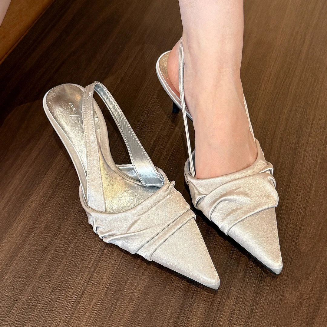elingstudio 气质贵感！清冷银色尖头皱褶细高跟鞋女百搭后空凉鞋