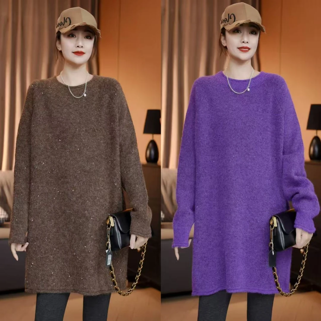 冬季新款圆领卷边韩系亮片打底毛衣时尚显瘦气质韩版慵懒风针织衫