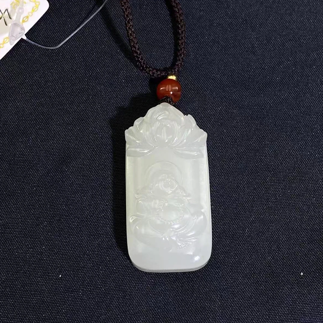 和田玉白玉弥勒佛莲花牌挂件（Y）